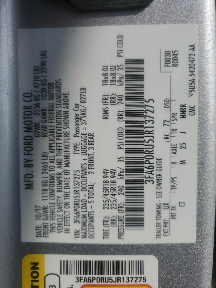 2018 Ford Fusion Titanium/Platinum Hev VIN: 3FA6P0RU5JR137275 Lot: 60077044