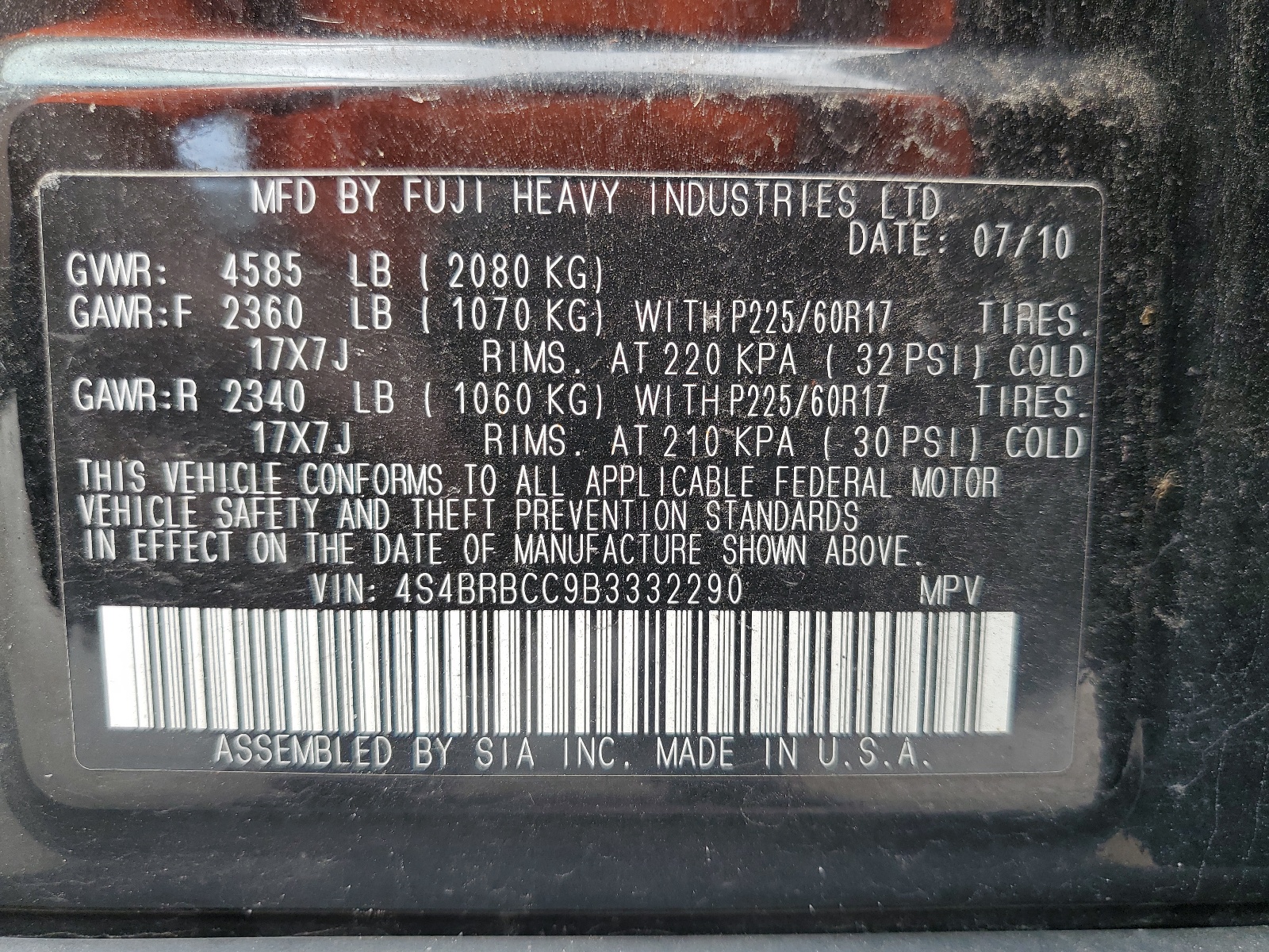 4S4BRBCC9B3332290 2011 Subaru Outback 2.5I Premium