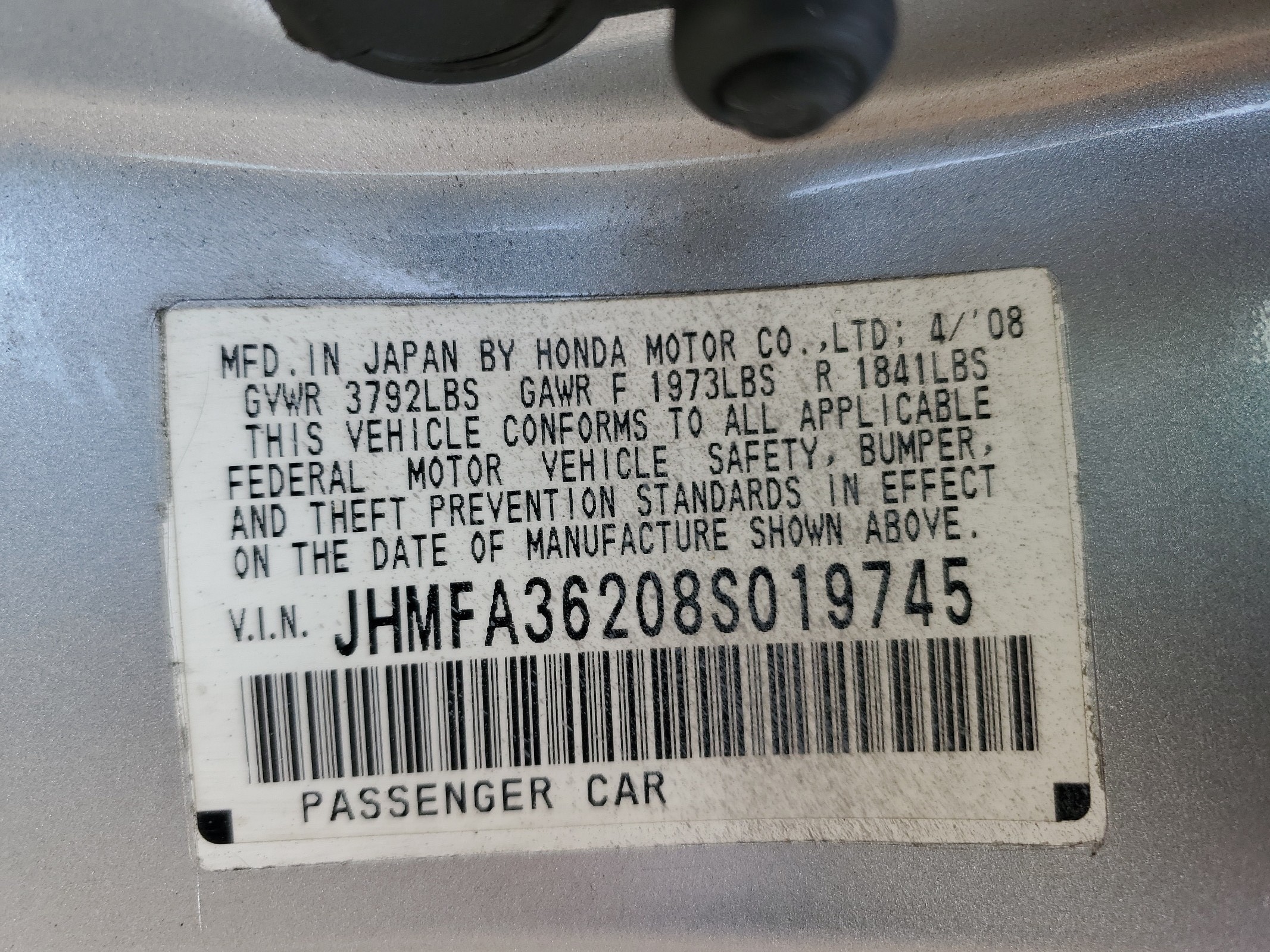 JHMFA36208S019745 2008 Honda Civic Hybrid