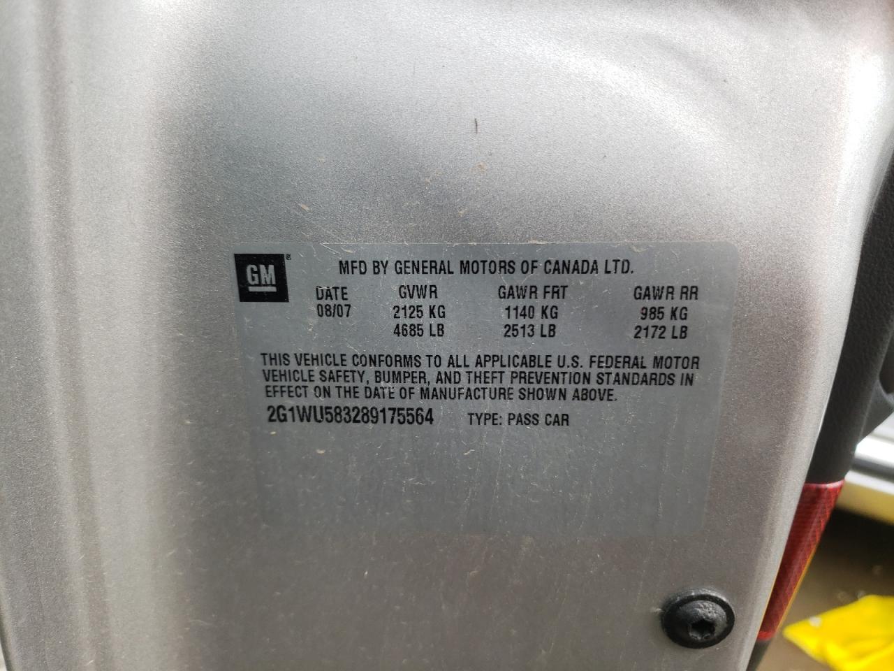 2008 Chevrolet Impala Ltz VIN: 2G1WU583289175564 Lot: 60148364