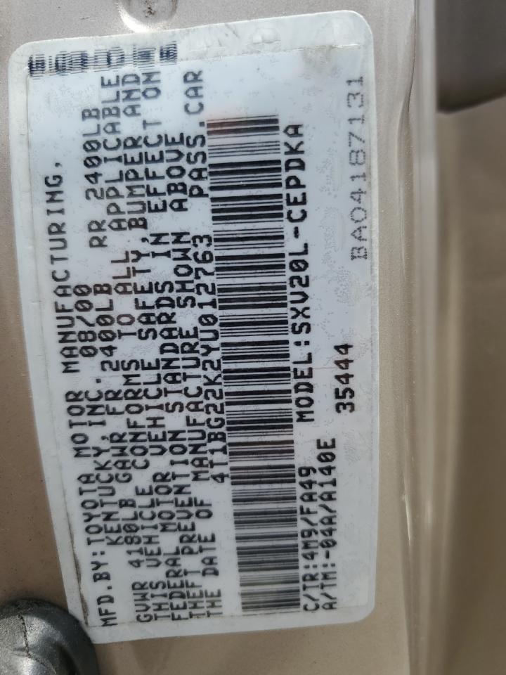 2000 Toyota Camry Ce VIN: 4T1BG22K2YU012763 Lot: 58893404