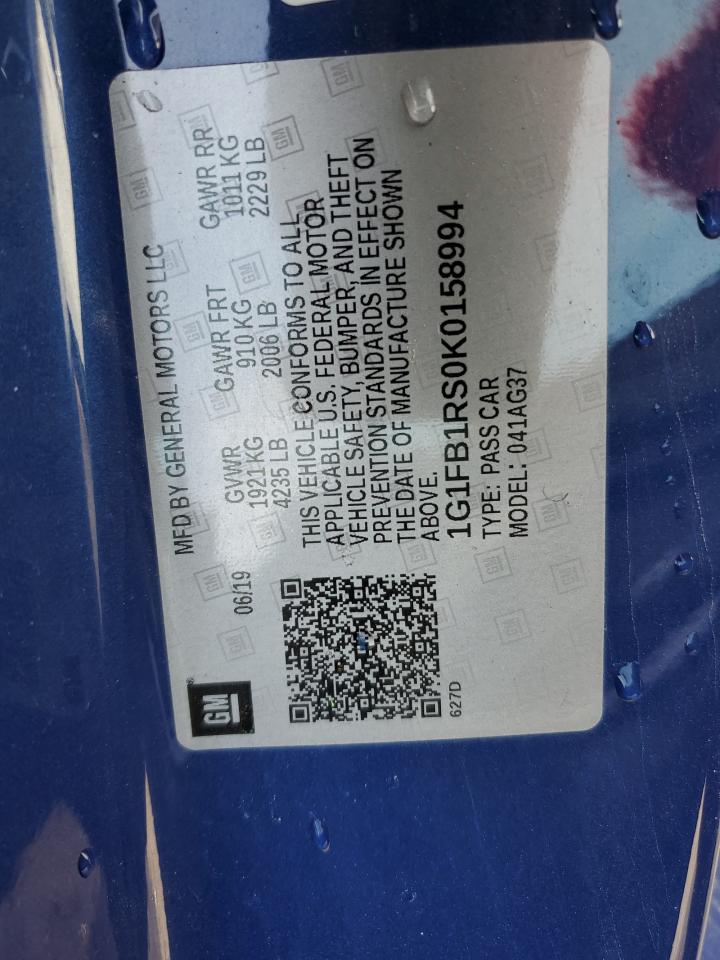 2019 Chevrolet Camaro Ls VIN: 1G1FB1RS0K0158994 Lot: 59186734