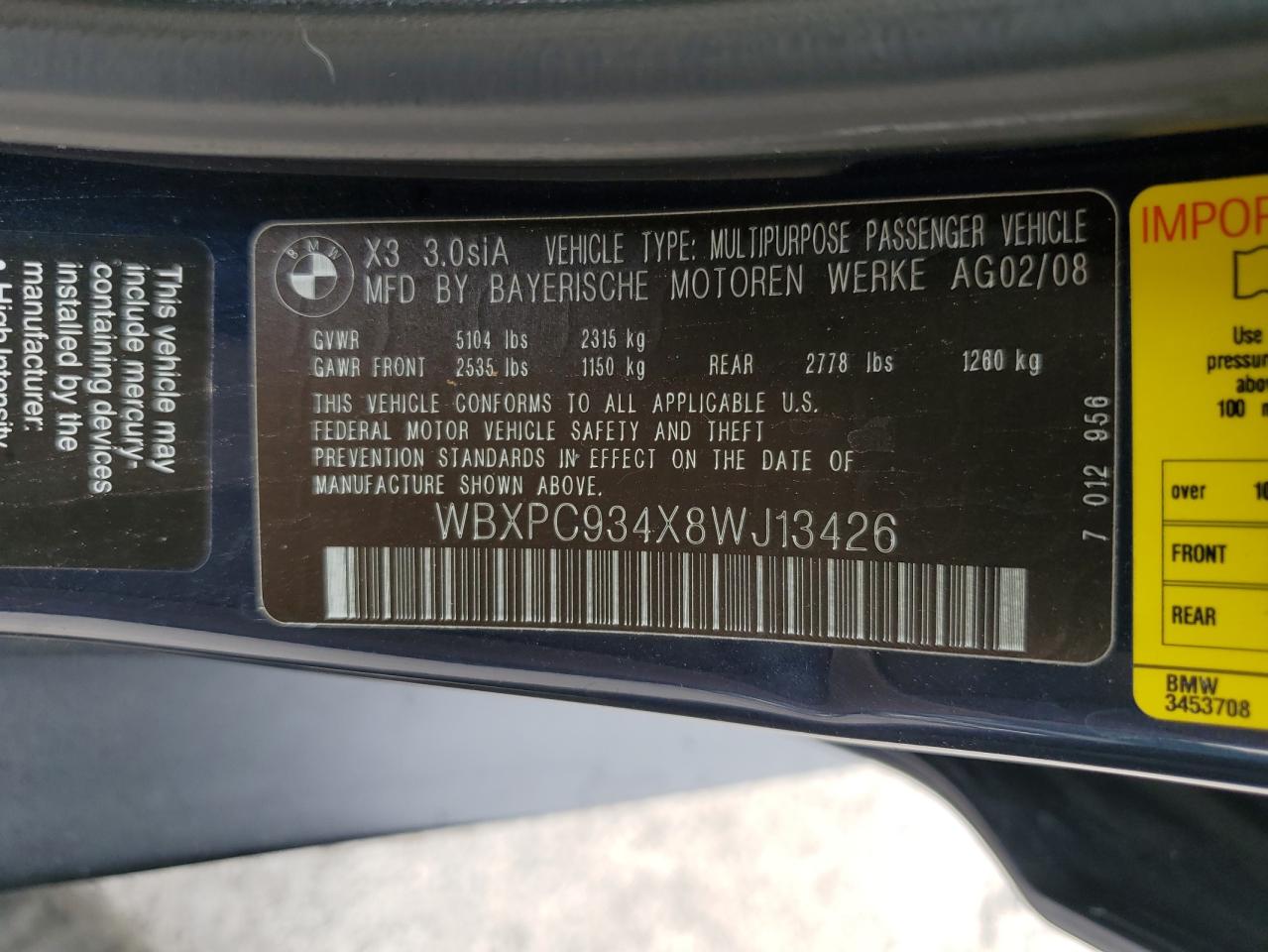 2008 BMW X3 3.0Si VIN: WBXPC934X8WJ13426 Lot: 59487864