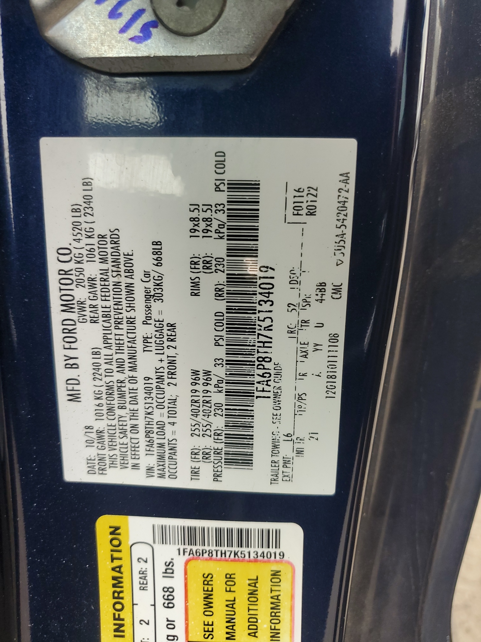 1FA6P8TH7K5134019 2019 Ford Mustang