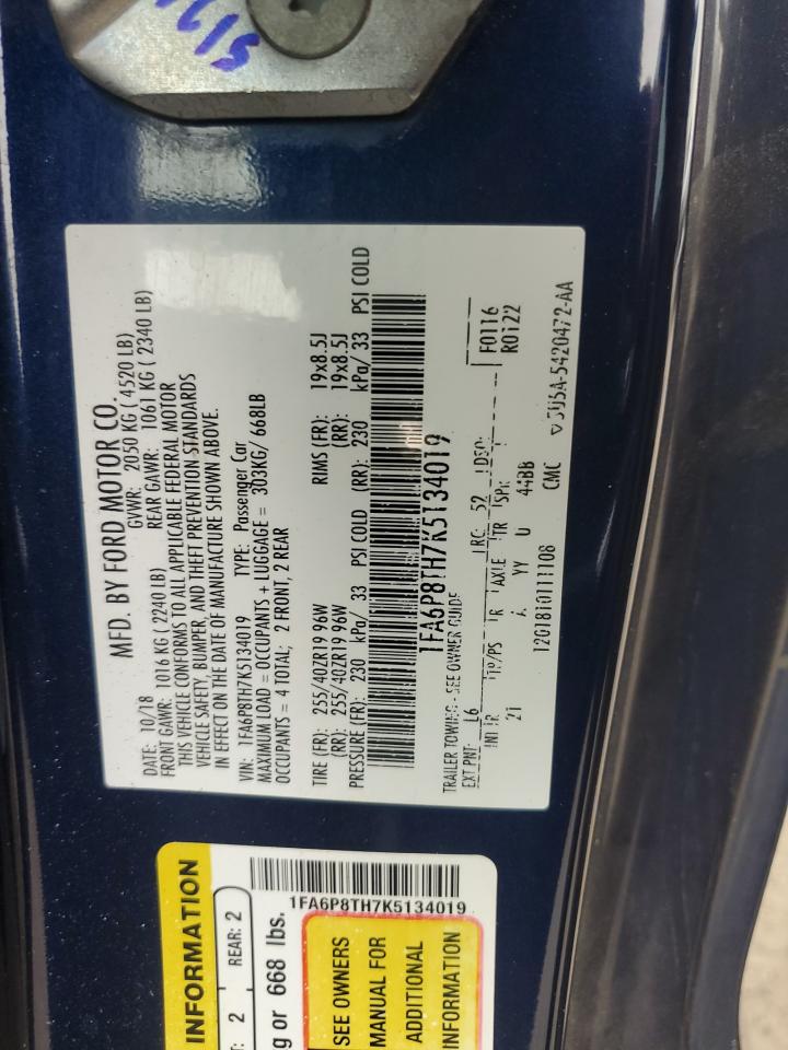 2019 Ford Mustang VIN: 1FA6P8TH7K5134019 Lot: 58643574