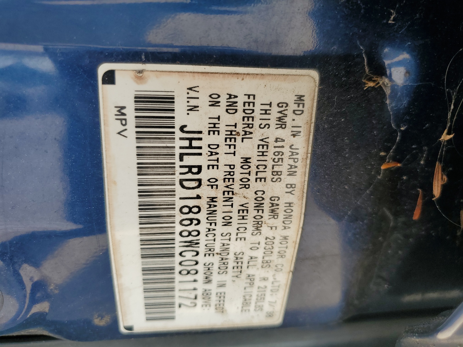 JHLRD1868WC081172 1998 Honda Cr-V Ex