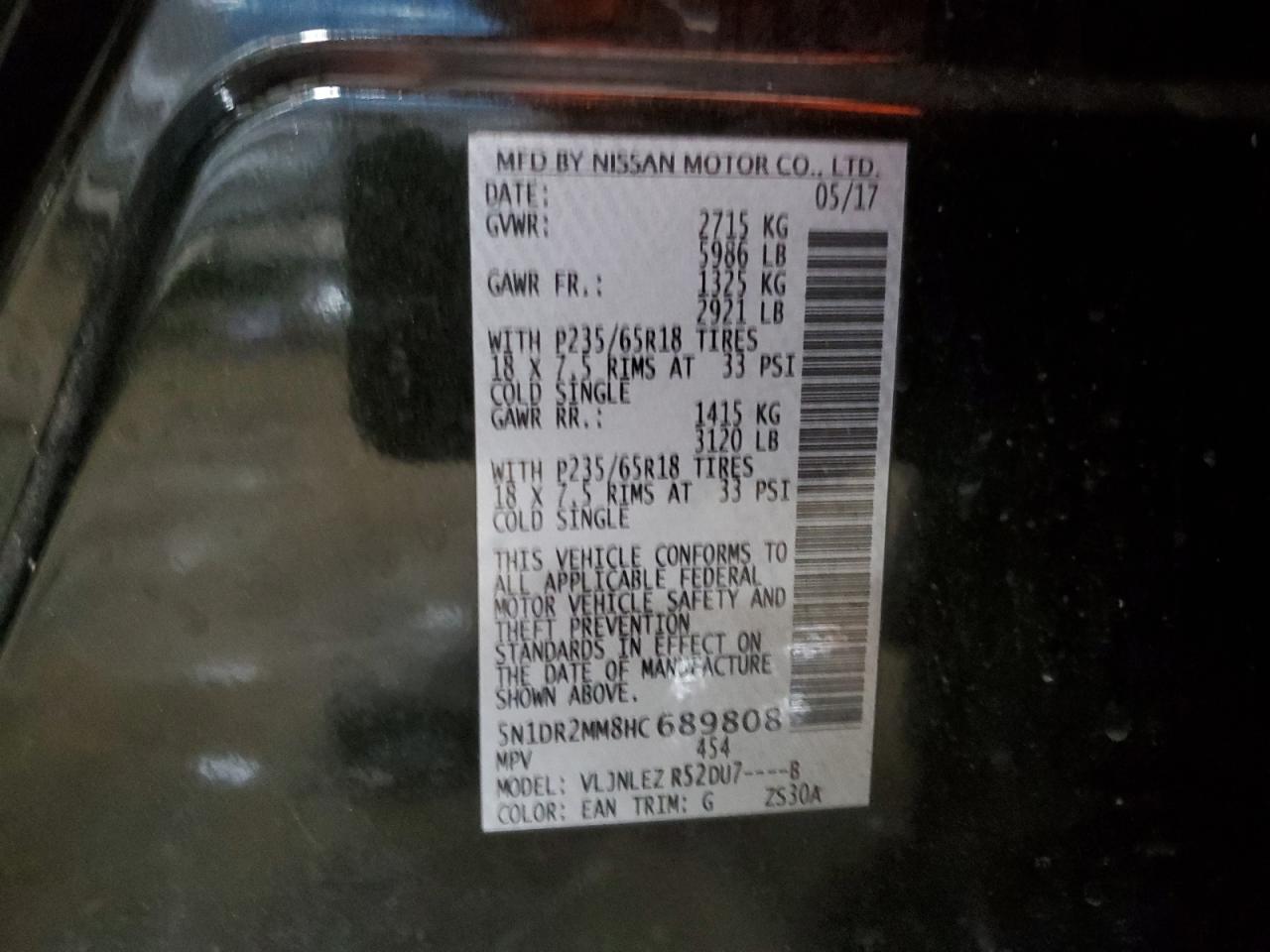 2017 Nissan Pathfinder S VIN: 5N1DR2MM8HC689808 Lot: 60713104