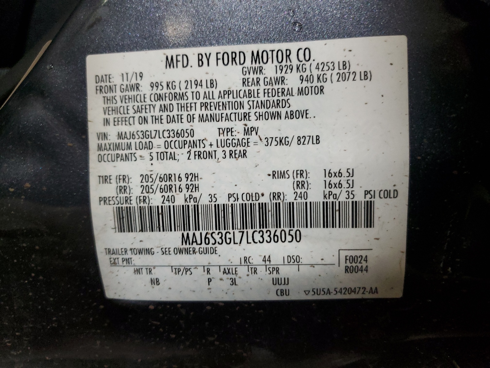 MAJ6S3GL7LC336050 2020 Ford Ecosport Se