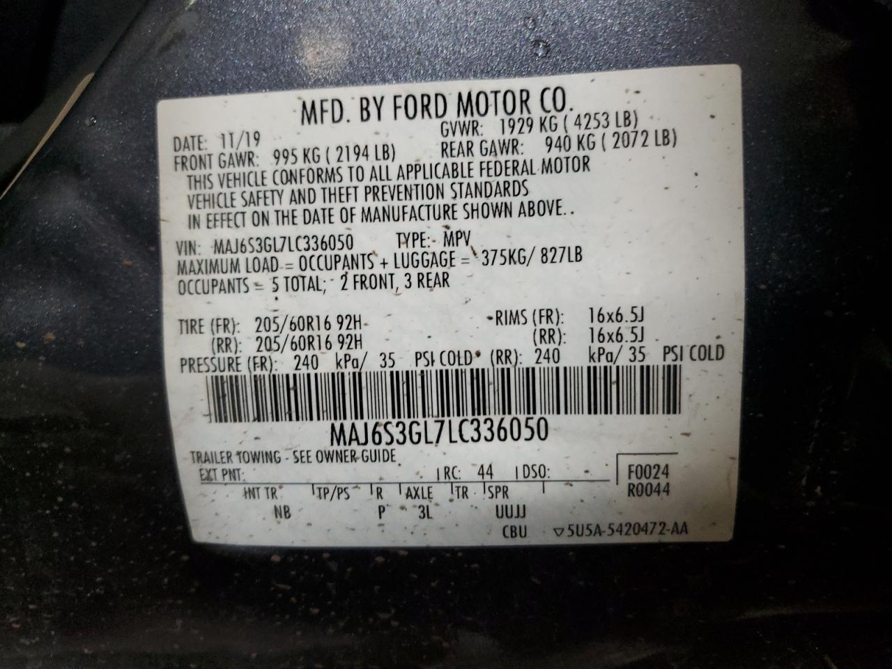 2020 Ford Ecosport Se VIN: MAJ6S3GL7LC336050 Lot: 59307604