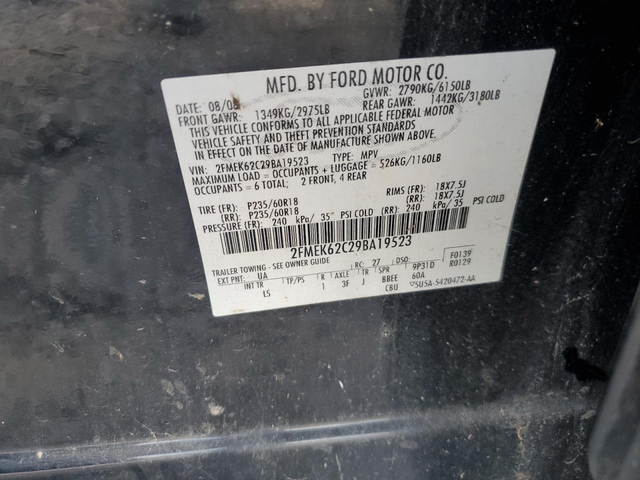 2009 Ford Flex Sel VIN: 2FMEK62C29BA19523 Lot: 56856194