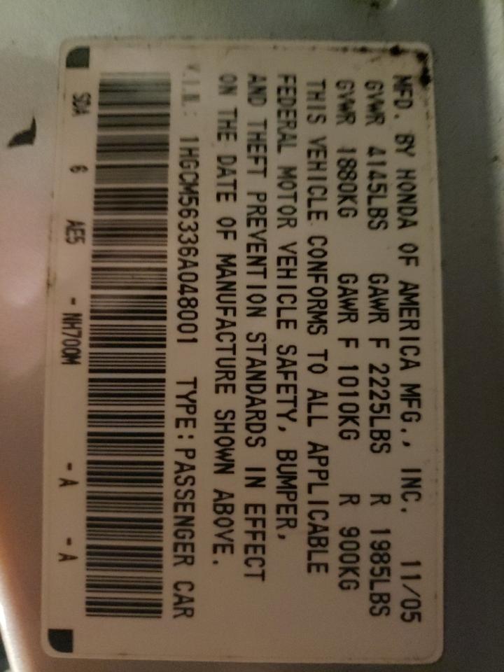 2006 Honda Accord Se VIN: 1HGCM56336A048001 Lot: 58785424