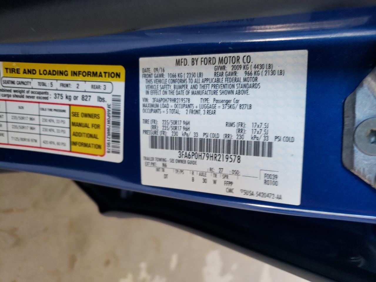 2017 Ford Fusion Se VIN: 3FA6P0H79HR219578 Lot: 59685894