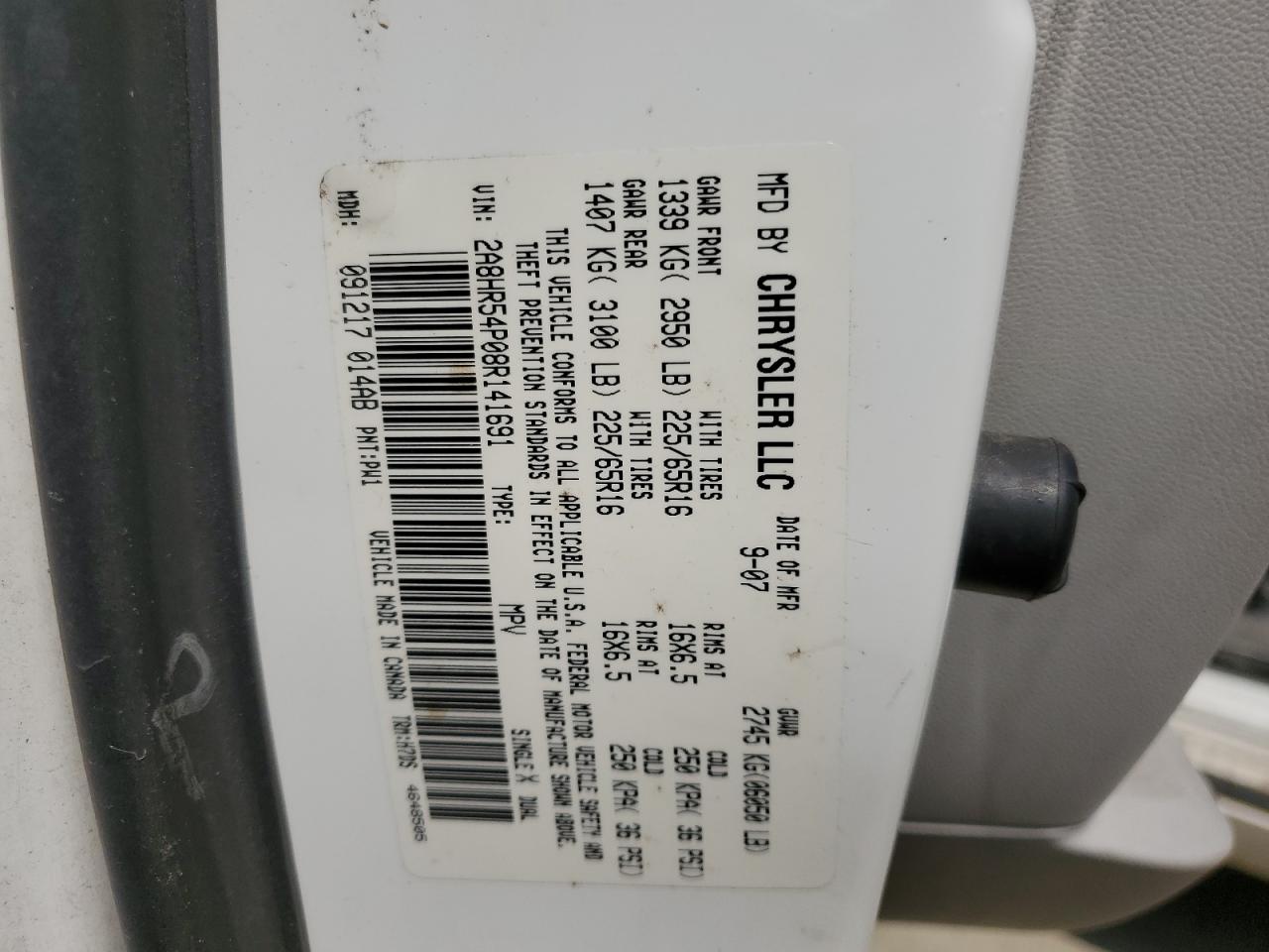 2008 Chrysler Town & Country Touring VIN: 2A8HR54P08R141691 Lot: 59137024