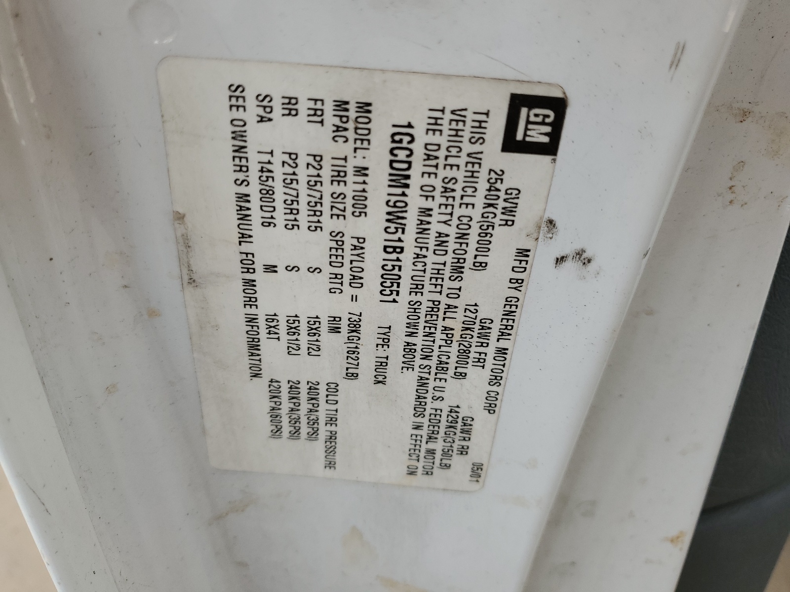 1GCDM19W51B150551 2001 Chevrolet Astro