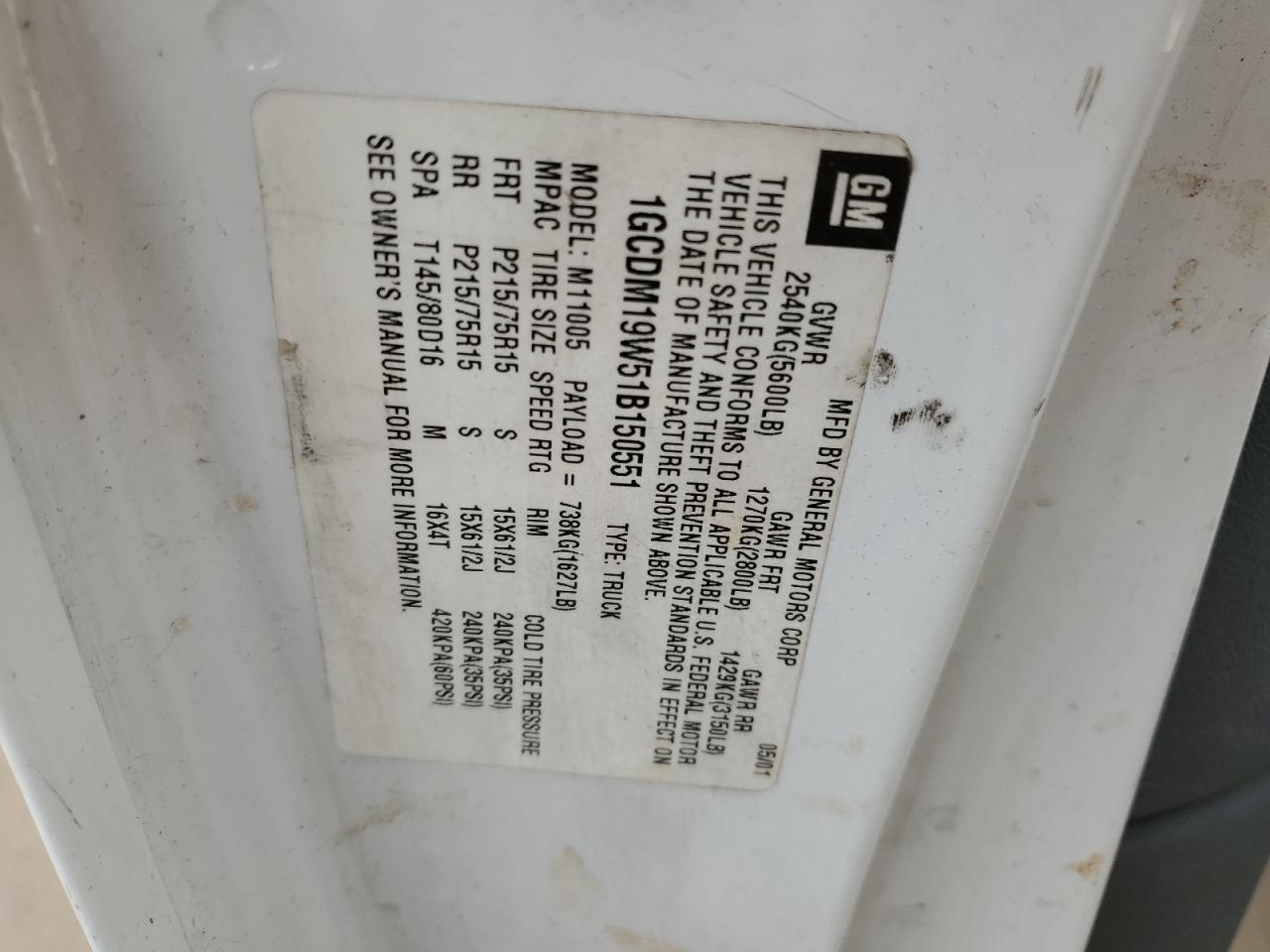 2001 Chevrolet Astro VIN: 1GCDM19W51B150551 Lot: 58954614