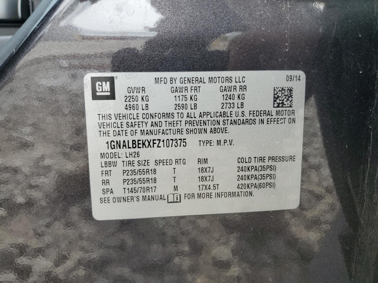 2015 Chevrolet Equinox Lt VIN: 1GNALBEKXFZ107375 Lot: 57049894