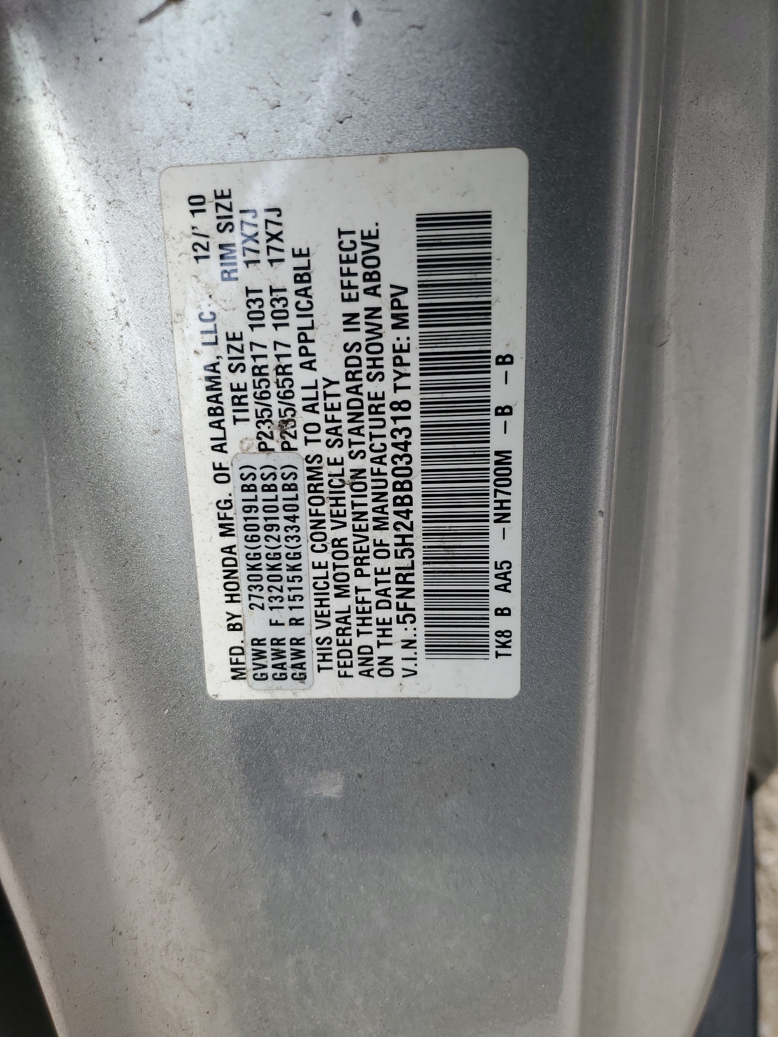 5FNRL5H24BB034318 2011 Honda Odyssey Lx