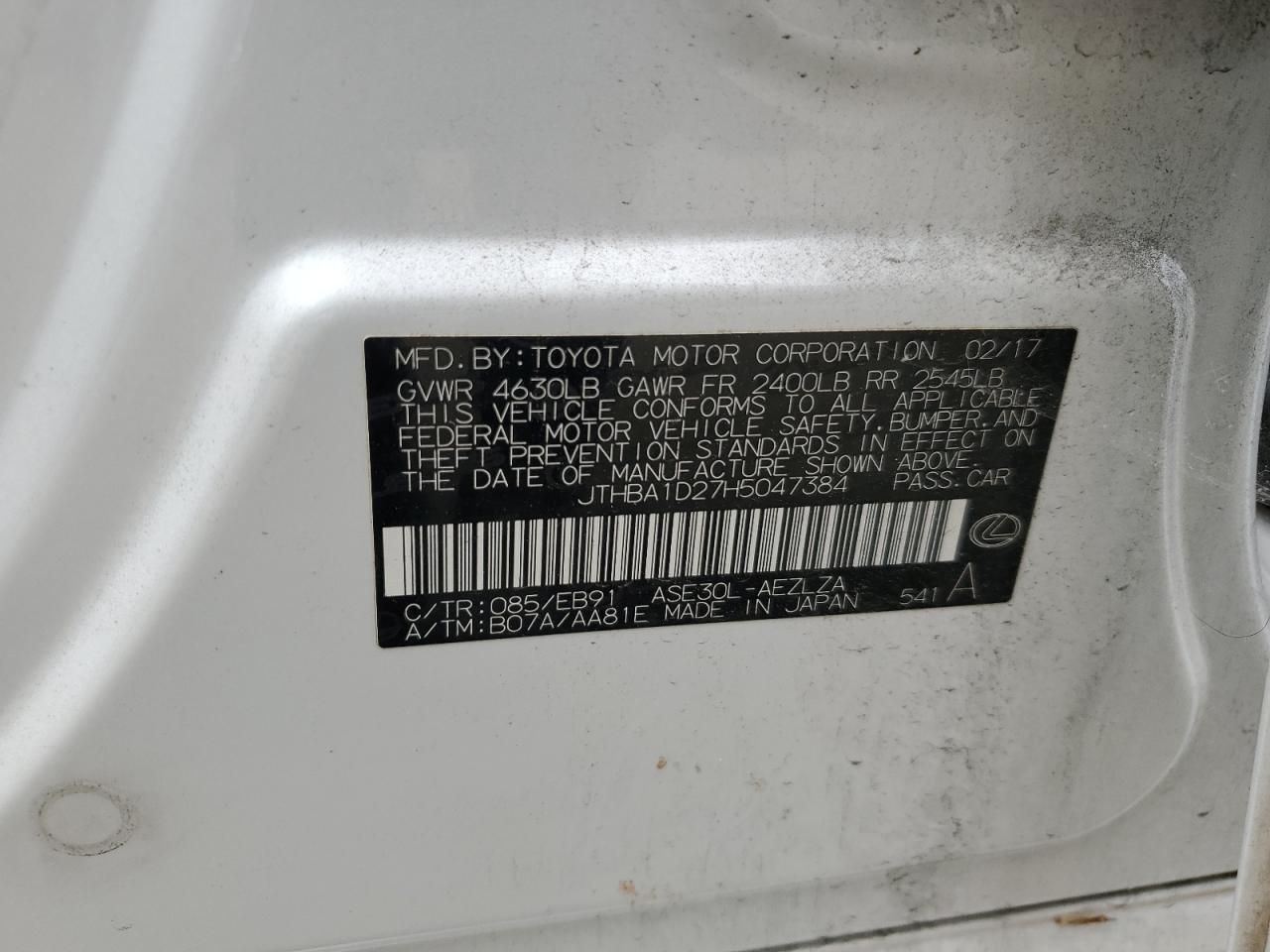 2017 Lexus Is 200T VIN: JTHBA1D27H5047384 Lot: 58690644