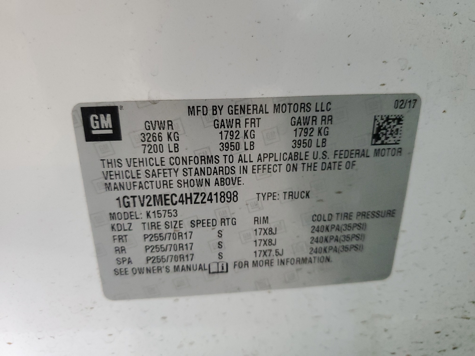 1GTV2MEC4HZ241898 2017 GMC Sierra K1500 Sle