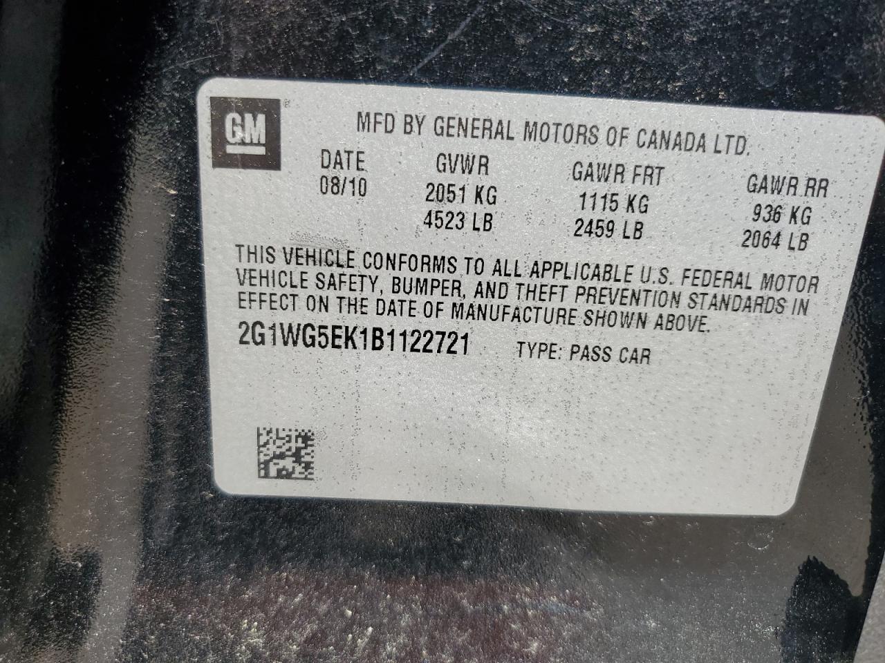 2011 Chevrolet Impala Lt VIN: 2G1WG5EK1B1122721 Lot: 57507424