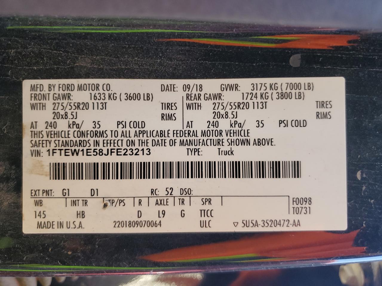 2018 Ford F150 Supercrew VIN: 1FTEW1E58JFE23213 Lot: 61135514