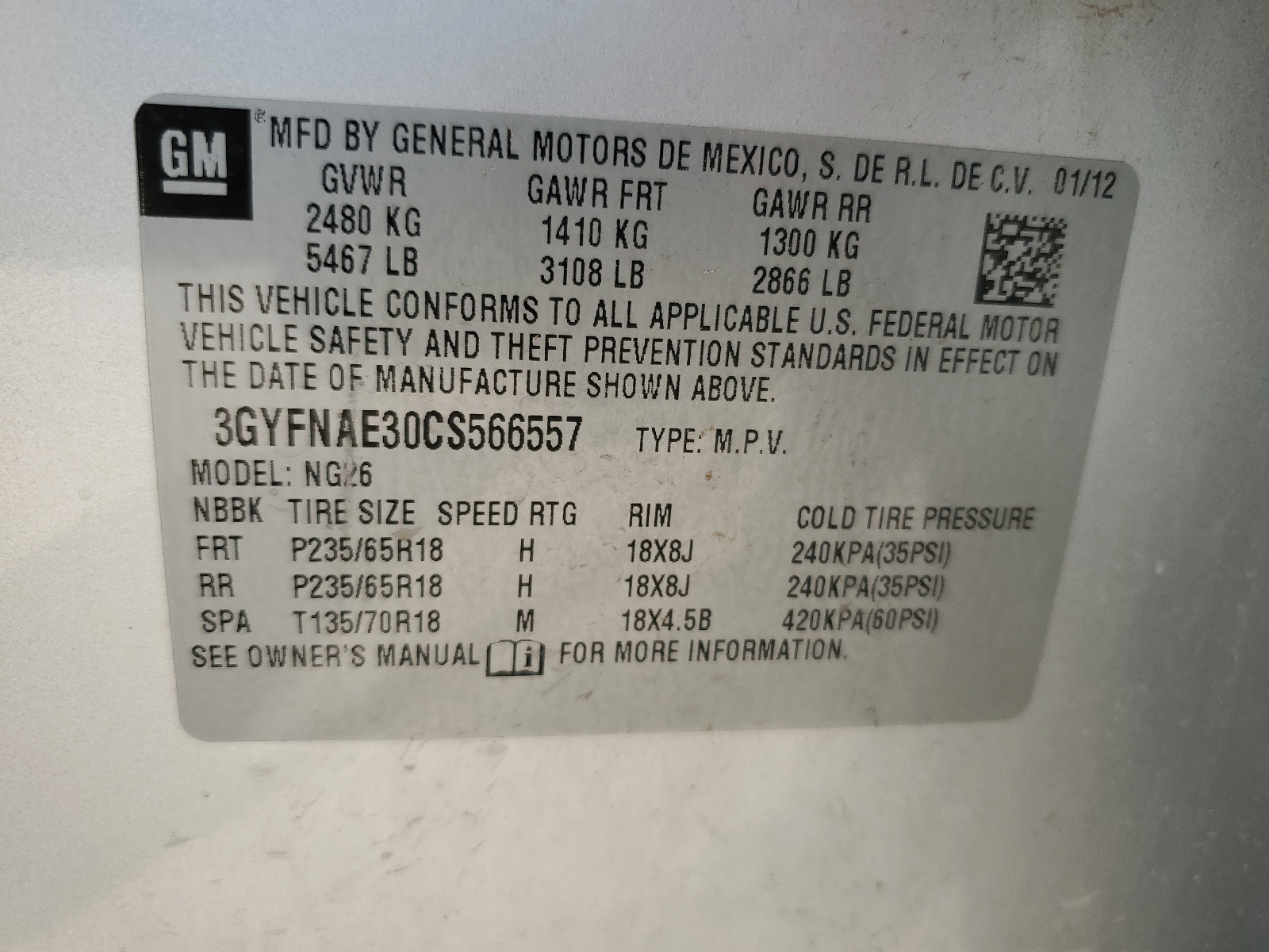 3GYFNAE30CS566557 2012 Cadillac Srx Luxury Collection