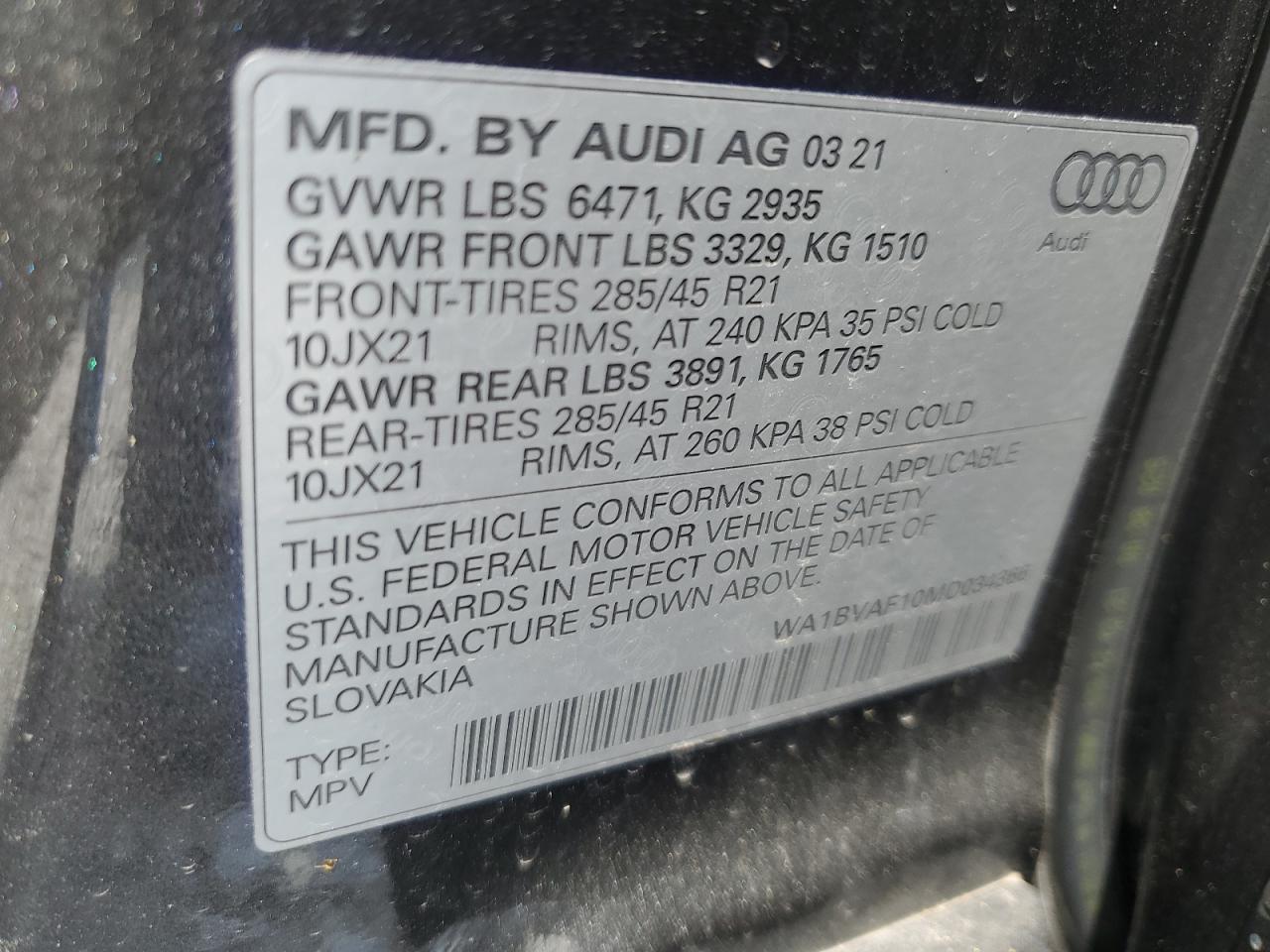 WA1BVAF10MD034366 2021 Audi Q8 Premium Plus