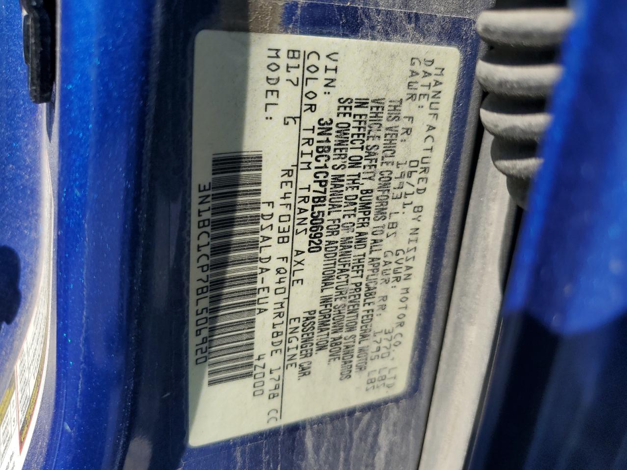 2011 Nissan Versa S VIN: 3N1BC1CP7BL506920 Lot: 58922794