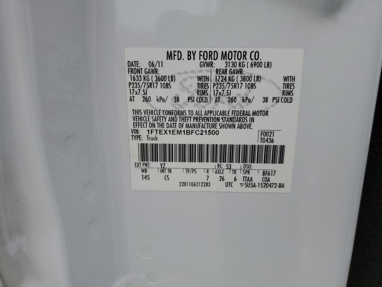 2011 Ford F150 Super Cab VIN: 1FTEX1EM1BFC21500 Lot: 59689054