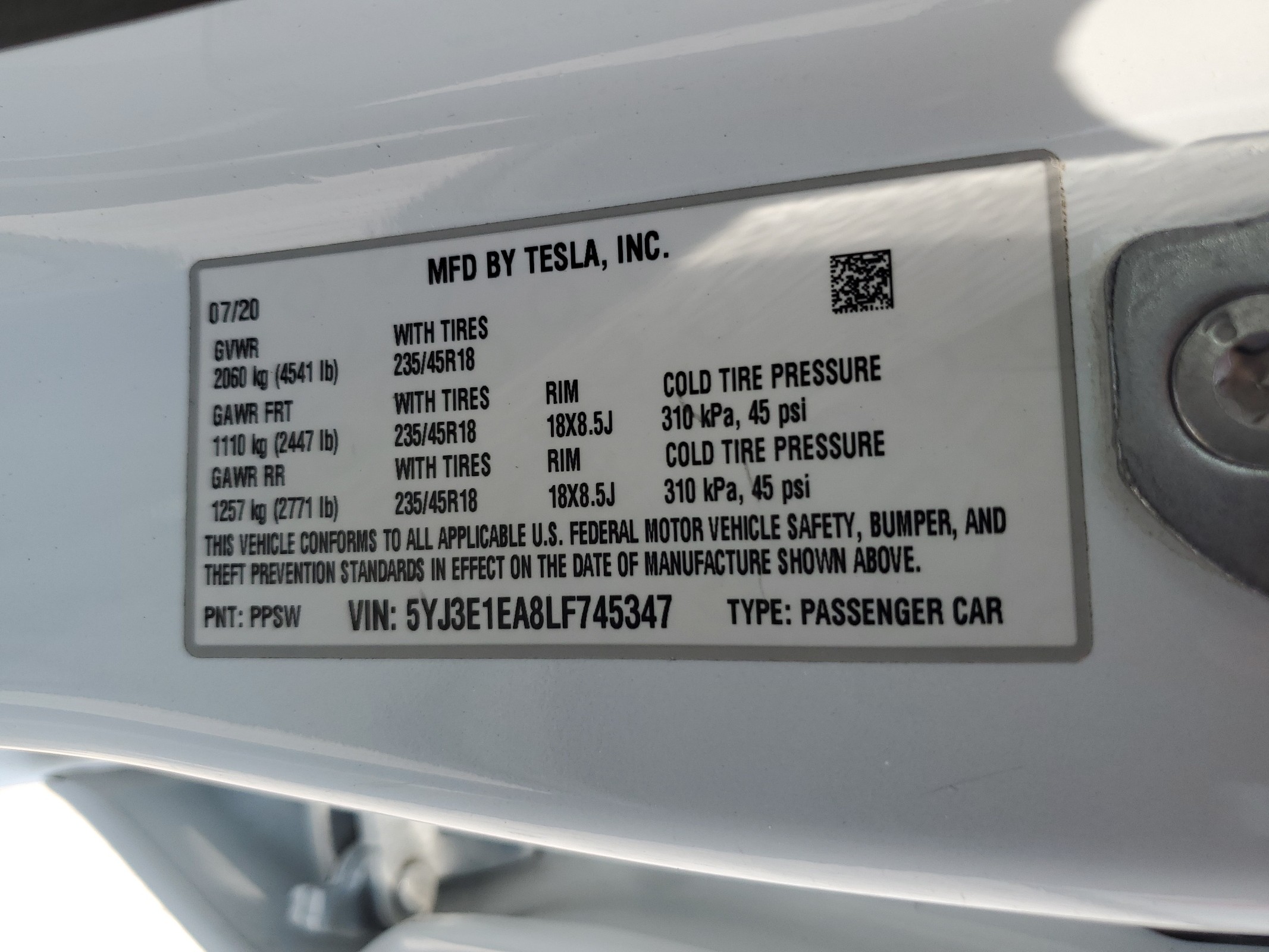 5YJ3E1EA8LF745347 2020 Tesla Model 3