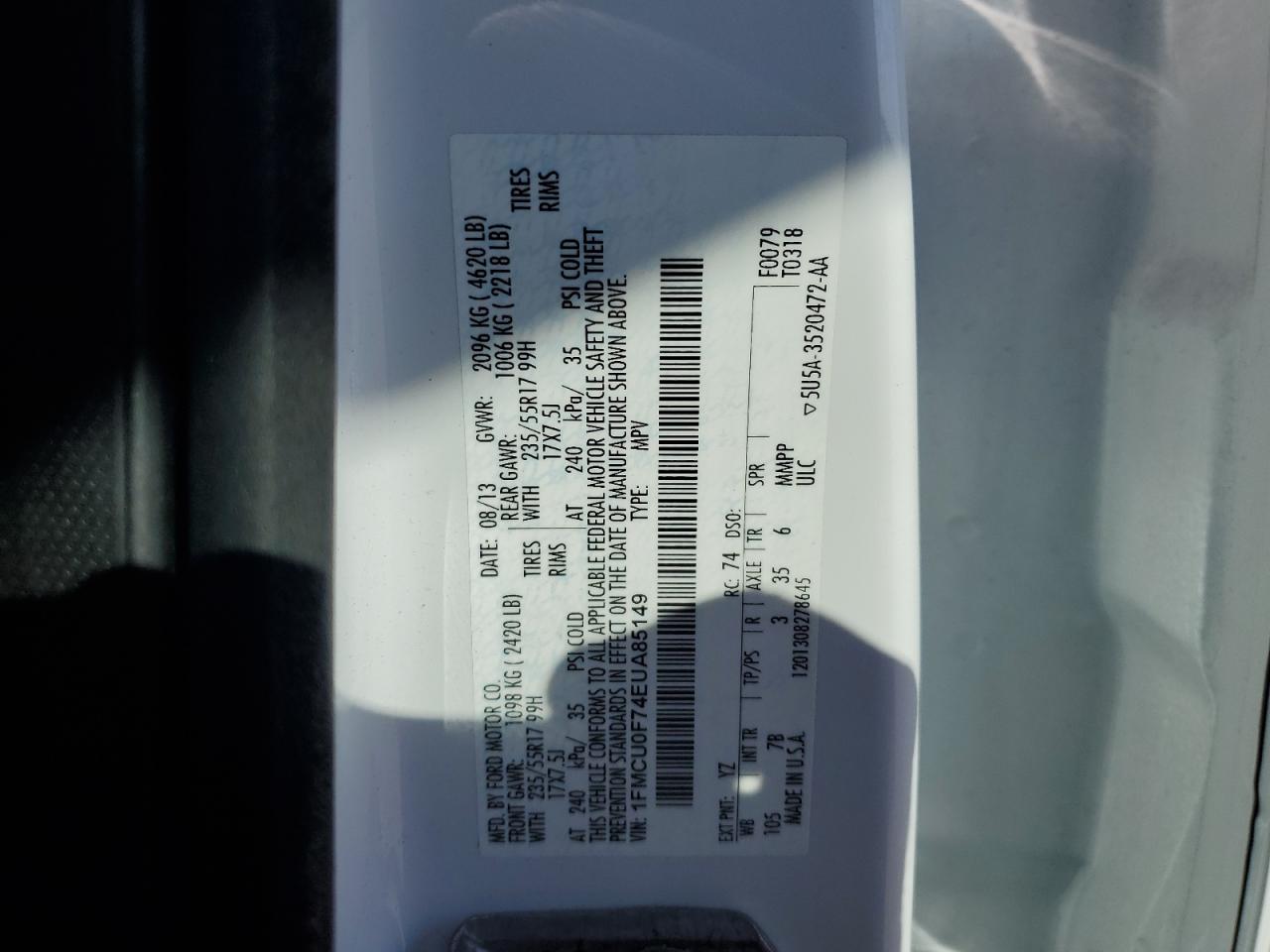 2014 Ford Escape S VIN: 1FMCU0F74EUA85149 Lot: 60050964