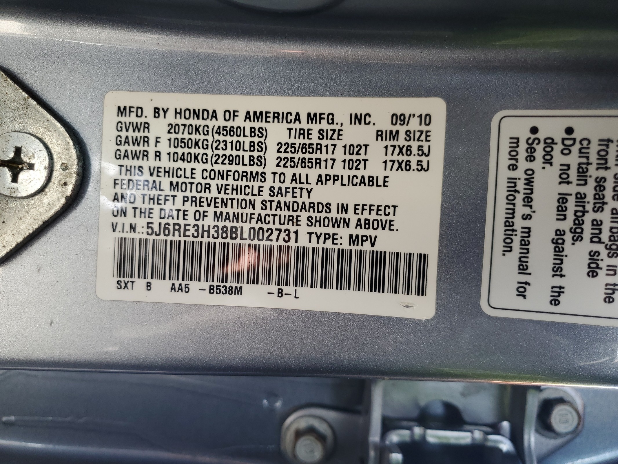 5J6RE3H38BL002731 2011 Honda Cr-V Lx