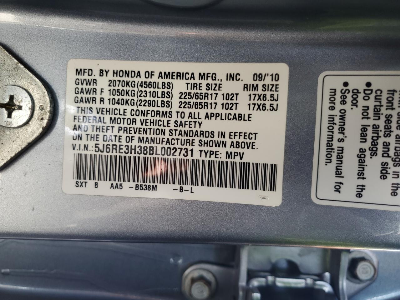 2011 Honda Cr-V Lx VIN: 5J6RE3H38BL002731 Lot: 59228214