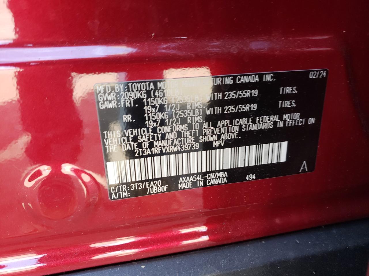 VIN 2T3A1RFVXRW439739 2024 TOYOTA RAV4 no.13