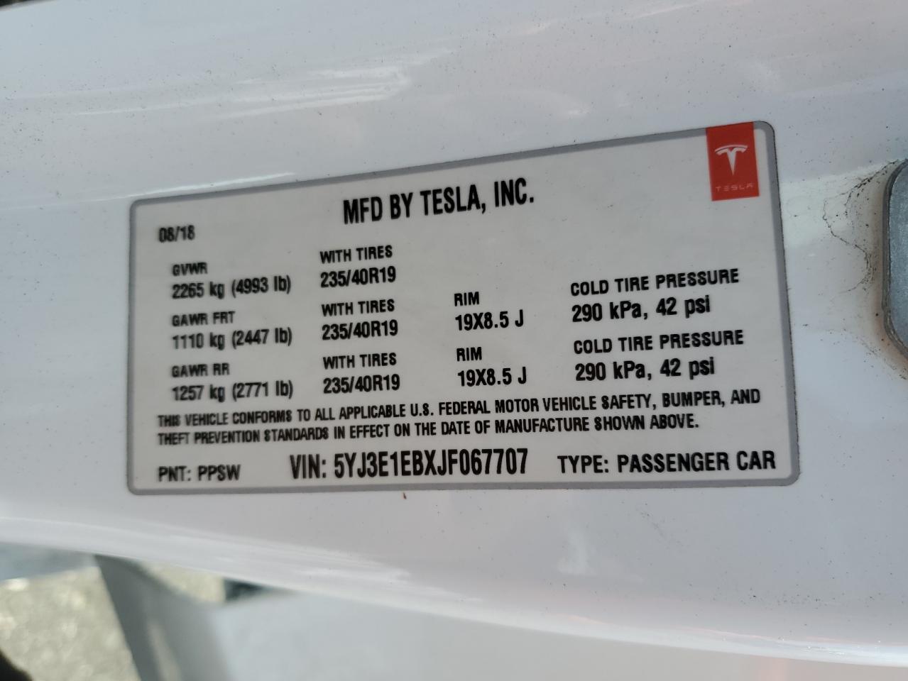 5YJ3E1EBXJF067707 2018 Tesla Model 3