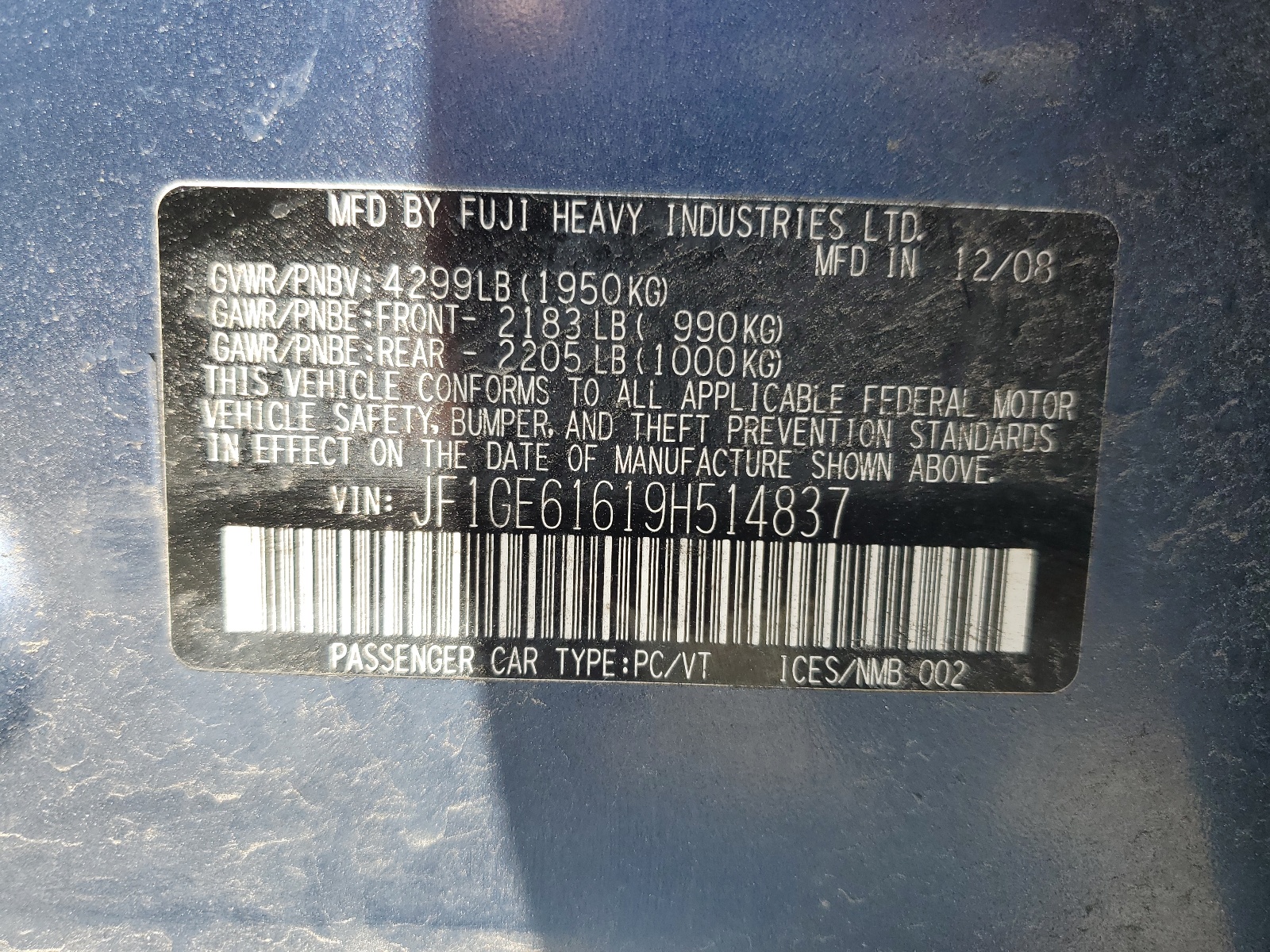JF1GE61619H514837 2009 Subaru Impreza 2.5I