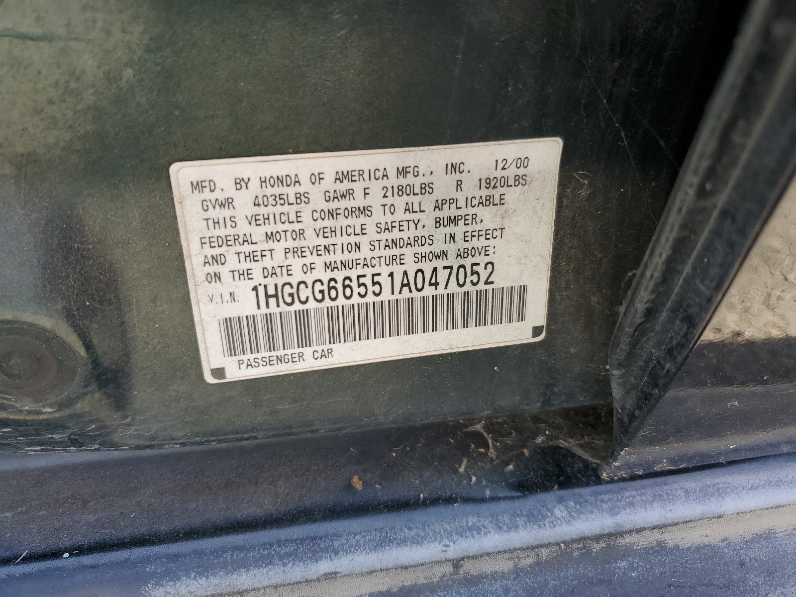 1HGCG66551A047052 2001 Honda Accord Lx