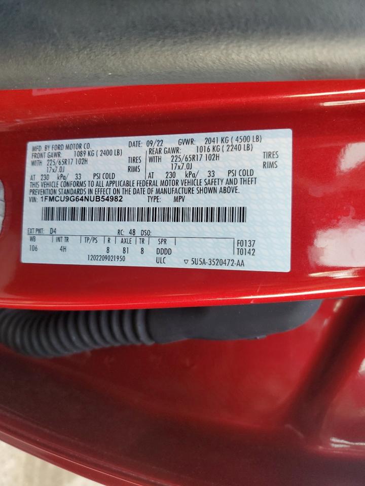 2022 Ford Escape Se VIN: 1FMCU9G64NUB54982 Lot: 59450254