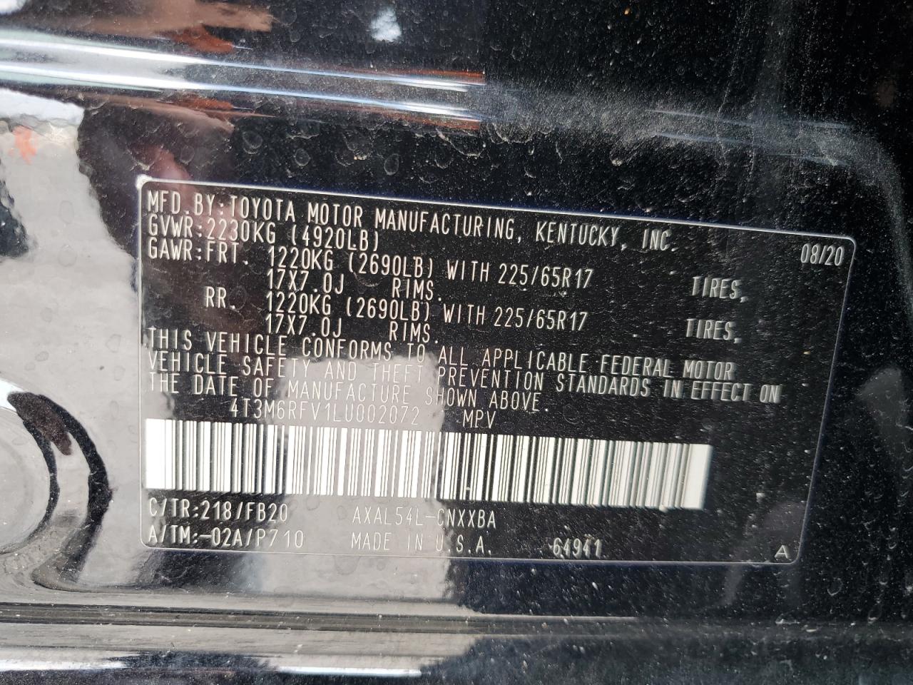 2020 Toyota Rav4 Le VIN: 4T3M6RFV1LU002072 Lot: 58923424