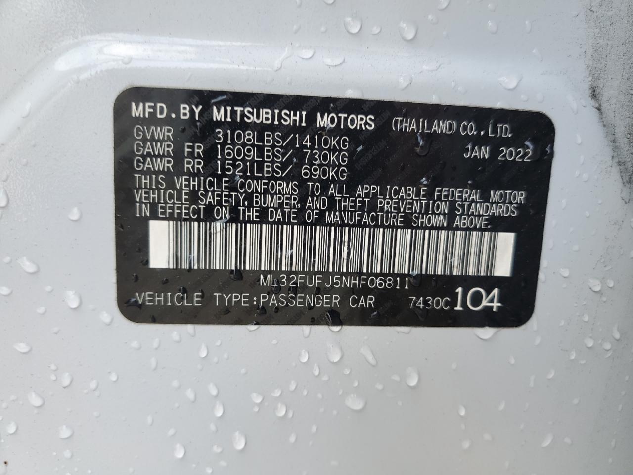 2022 Mitsubishi Mirage G4 Es VIN: ML32FUFJ5NHF06811 Lot: 59519924