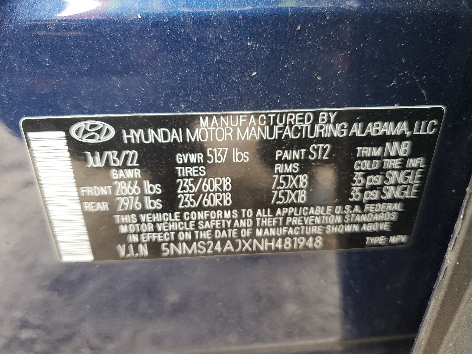 5NMS24AJXNH481948 2022 Hyundai Santa Fe Sel