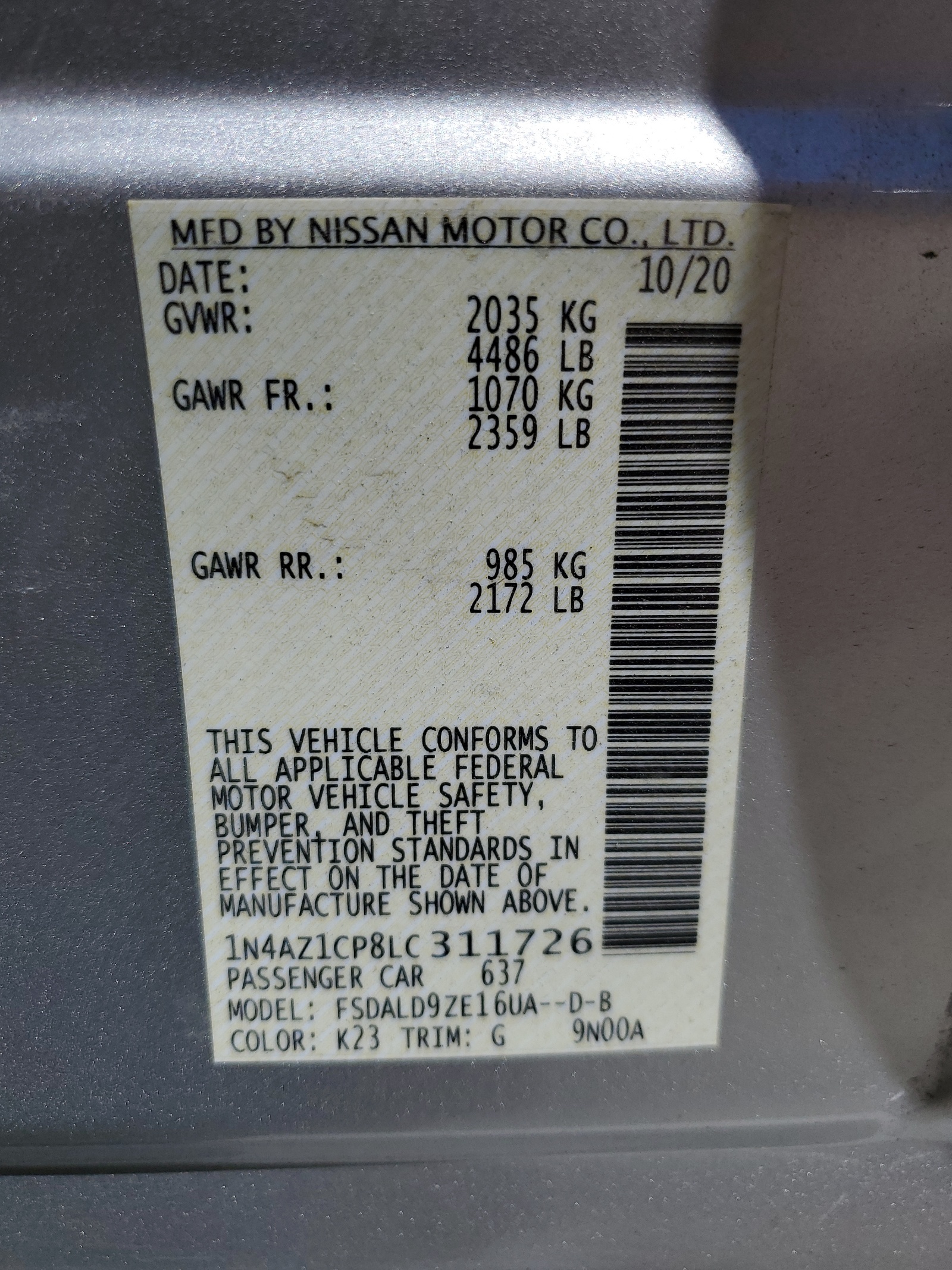 1N4AZ1CP8LC311726 2020 Nissan Leaf Sv