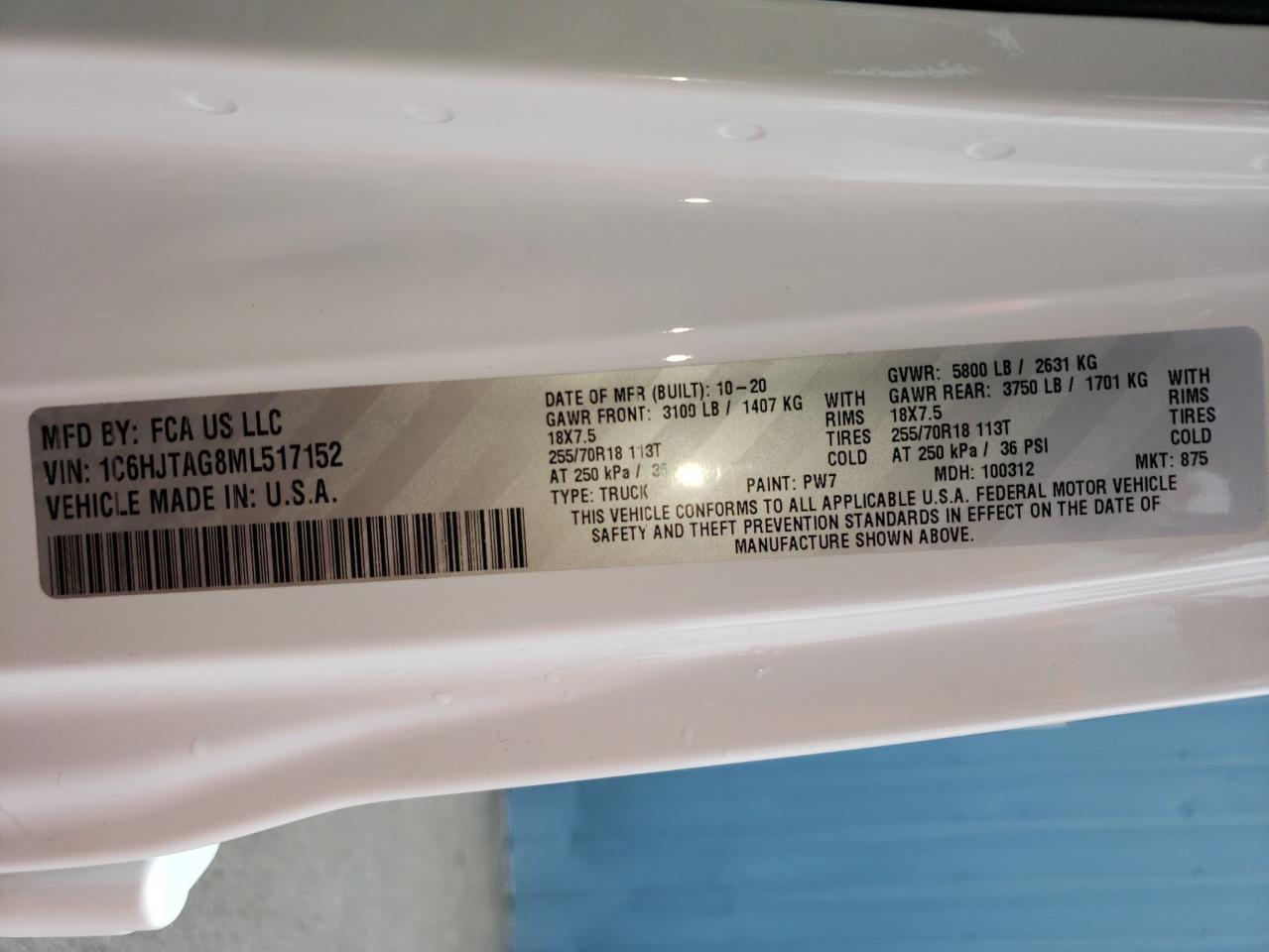 2021 Jeep Gladiator Sport VIN: 1C6HJTAG8ML517152 Lot: 59730674