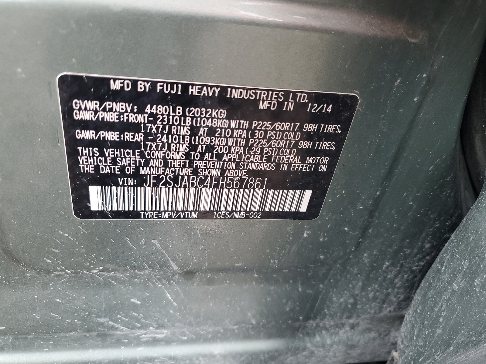 JF2SJABC4FH567861 2015 Subaru Forester 2.5I