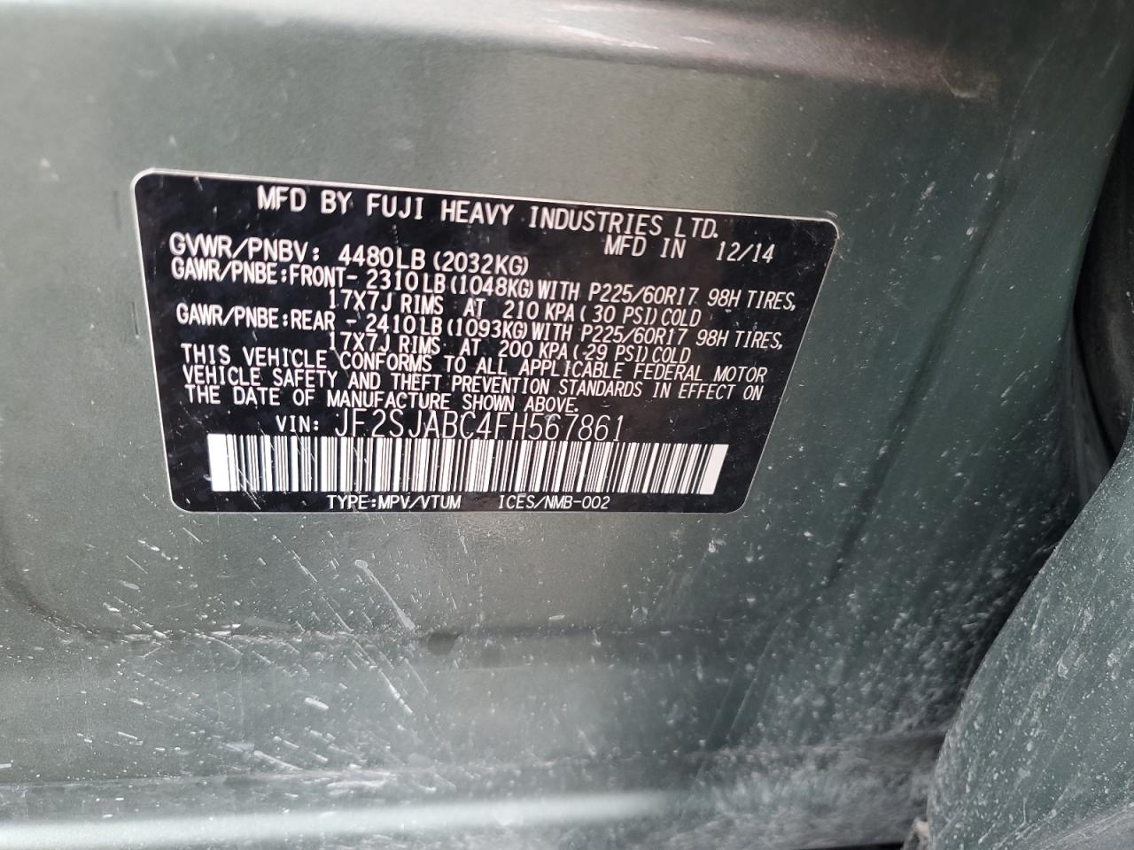 2015 Subaru Forester 2.5I VIN: JF2SJABC4FH567861 Lot: 61135814