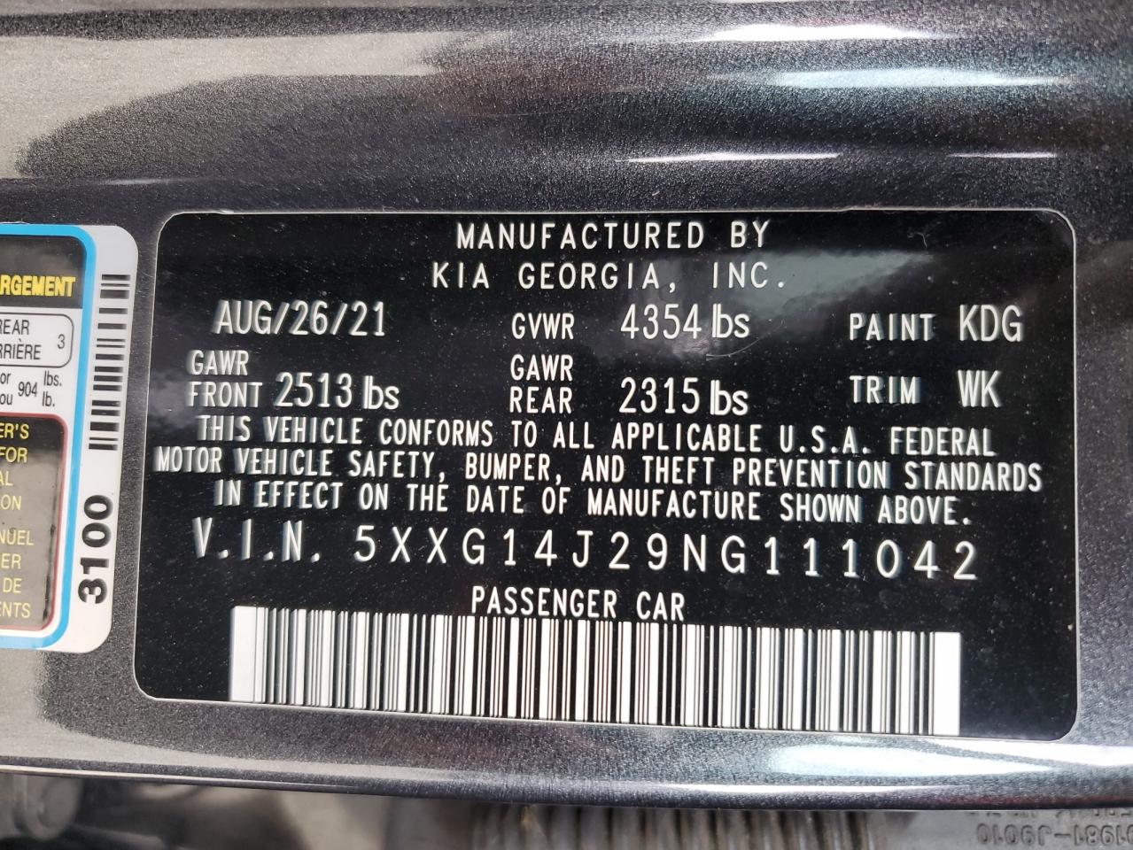 5XXG14J29NG111042 2022 Kia K5 Lxs