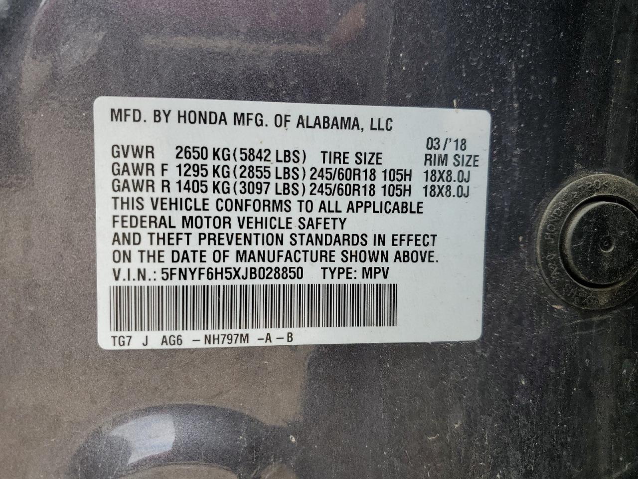 5FNYF6H5XJB028850 2018 Honda Pilot Exl