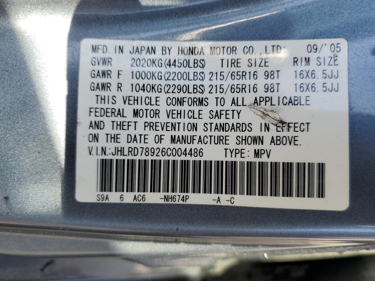 2006 Honda Cr-V Se VIN: JHLRD78926C004486 Lot: 58570434
