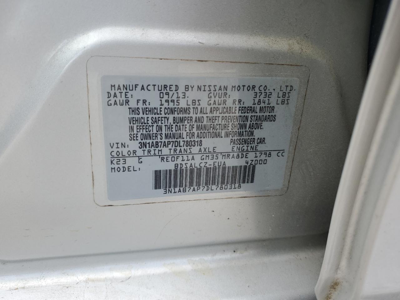 3N1AB7AP7DL780318 2013 Nissan Sentra S