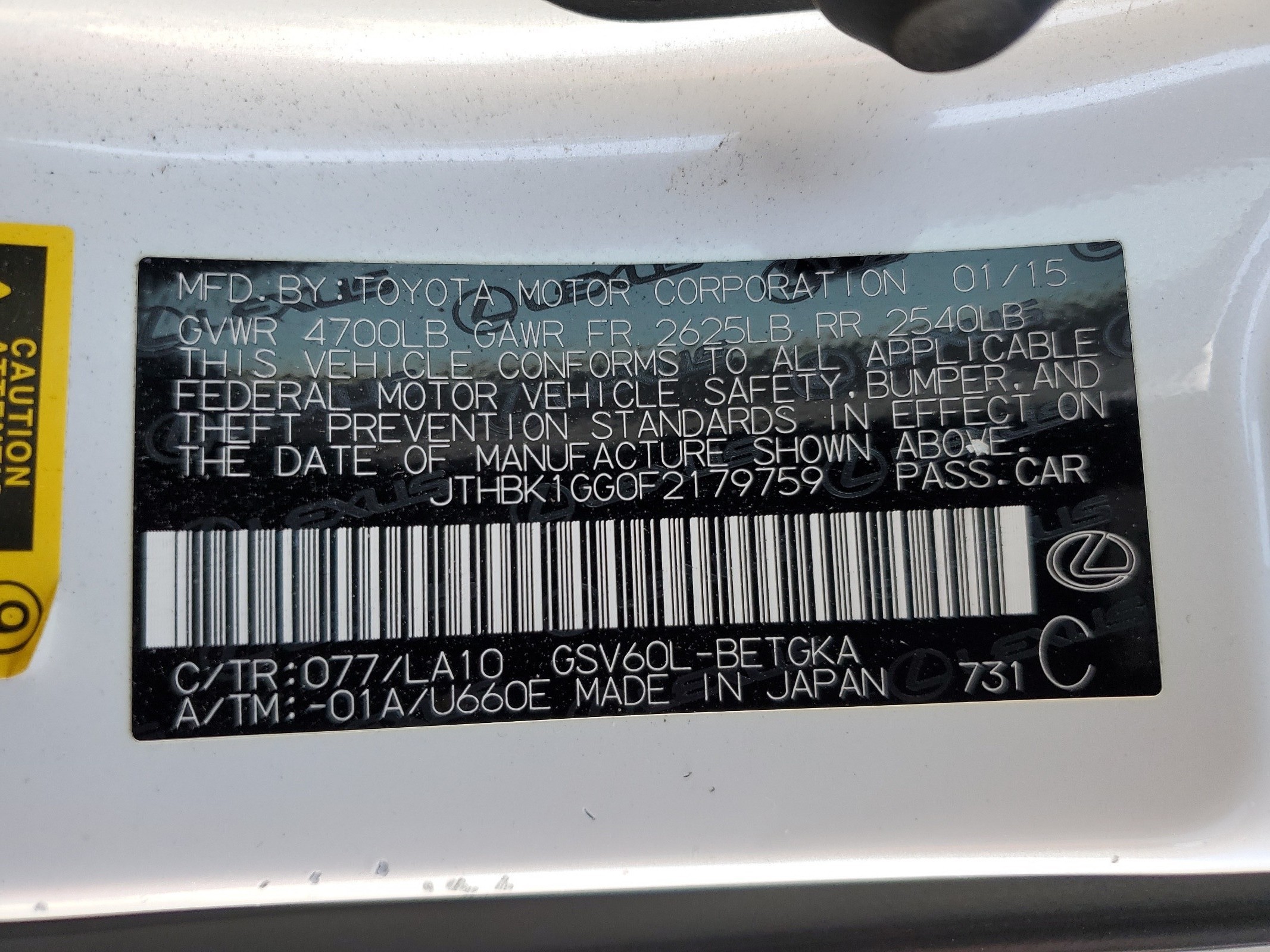 JTHBK1GG0F2179759 2015 Lexus Es 350